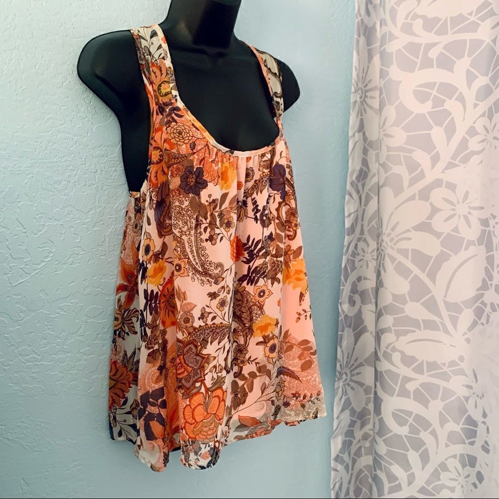 a.gain Tangerine Orange & Cream Floral Open Back Tank Top Size Medium